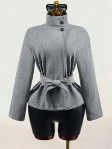 Mistrie Women's Solid Color Stand Collar Long Sleeve Fall Minimalist Elegant Versatile Jacket Office Grey - Grey - View 4