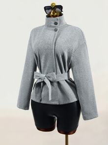Mistrie Women's Solid Color Stand Collar Long Sleeve Fall Minimalist Elegant Versatile Jacket Office Grey - Grey - View 5