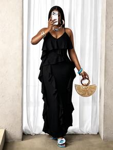 BamGleam Women's Solid Color Ruffle Halter Neck Vacation Dress - Black - View 6