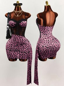 Mistrie Women's Leopard Print Contrast Lace Pleated Sexy Spaghetti Strap Dress - Pink - View 3