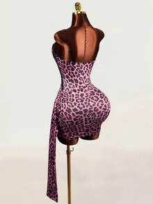 Mistrie Women's Leopard Print Contrast Lace Pleated Sexy Spaghetti Strap Dress - Pink - View 4