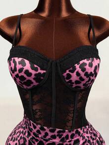 Mistrie Women's Leopard Print Contrast Lace Pleated Sexy Spaghetti Strap Dress - Pink - View 6