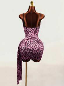 Mistrie Women's Leopard Print Contrast Lace Pleated Sexy Spaghetti Strap Dress - Pink - View 8
