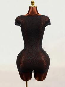 BamGleam Gaun Bodycon Seksi Wanita dengan Kerah Asimetris dan Desain Potongan Renda, Cocok untuk Pesta Malam Halloween dan Musim Panas, Warna Hitam - Hitam - View 7