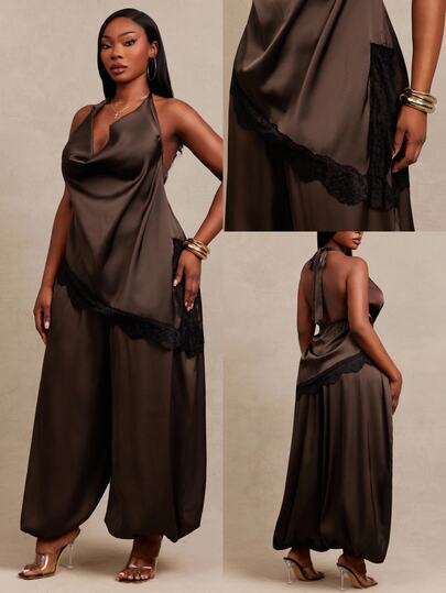 SHEIN SXY Brown Satin Patchwork Lace Trim Cami Top And High Waist Loose Tapered Pants 2pcs Set