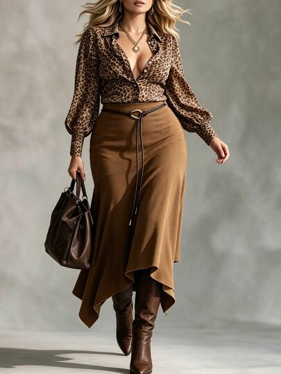 Ceyna Plus Size Women's New Commuter High Waist A-Line Skirt With Design Belt Asymmetrical Design Slimming Mid-Length Skirt, Autumn/Winter Skirt, Daily Wear, Fashionable Skirt