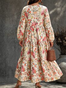 Ceyna 大尺碼女款法式休閒優雅花卉印花圓領長袖洋裝 - 杏色 - 查看 6