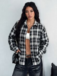 StreetHx Women's Streetwear Grunge Loose Black And White Plaid Plaid Rhinestone Long Sleeve Shirt N One Everyday Autumn - Multicolor - View 4