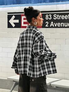 StreetHx Women's Streetwear Grunge Loose Black And White Plaid Plaid Rhinestone Long Sleeve Shirt N One Everyday Autumn - Multicolor - View 2