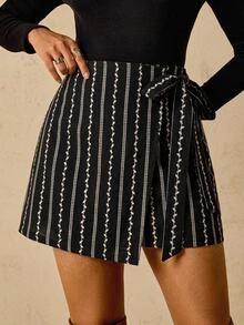 Freevana Women Boho Striped Floral Wrap Mini Skirt With Side Tie Knot And Asymmetrical Hemline - Black - View 4