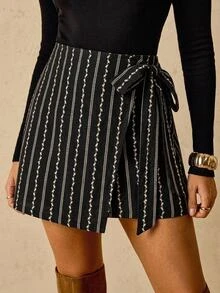 Freevana Women Boho Striped Floral Wrap Mini Skirt With Side Tie Knot And Asymmetrical Hemline - Black - View 5