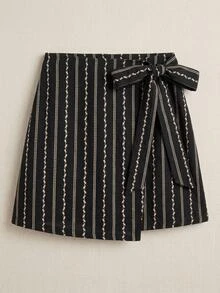 Freevana Women Boho Striped Floral Wrap Mini Skirt With Side Tie Knot And Asymmetrical Hemline - Black - View 7