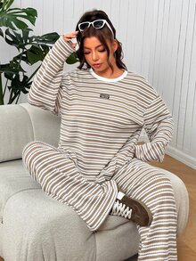 SHEIN EZwear Plus Size Striped Patchwork T-Shirt And Pants For School, Casual Home, Brown Versatile Striped Long Sleeve Long Pants 2 Pieces Set - Brown - View 5