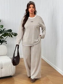 SHEIN EZwear Plus Size Striped Patchwork T-Shirt And Pants For School, Casual Home, Brown Versatile Striped Long Sleeve Long Pants 2 Pieces Set - Brown - View 6