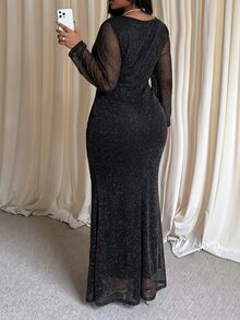 GalTyme Plus Size Women's Deep V-Neck Long Sleeve Glitter Fitted Elegant Dress - Black - View 2