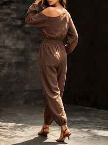 Editum Women's Solid Color Asymmetrical Shoulder Long Sleeve Pocket Casual Tapered Leg Jumpsuit Travel Coffee Brown Autumn - Apricot - View 2