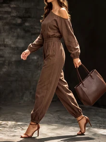Editum Women's Solid Color Asymmetrical Shoulder Long Sleeve Pocket Casual Tapered Leg Jumpsuit Travel Coffee Brown Autumn - Apricot - View 5