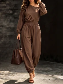 Editum Women's Solid Color Asymmetrical Shoulder Long Sleeve Pocket Casual Tapered Leg Jumpsuit Travel Coffee Brown Autumn - Apricot - View 3