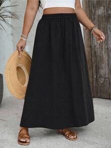 SHEIN VCAY Plus Size Women Solid Color Casual Boho Bohemian Baggy Versatile Daily Wear Skirt Office Vacation Formal Black Autumn - Black - View 5