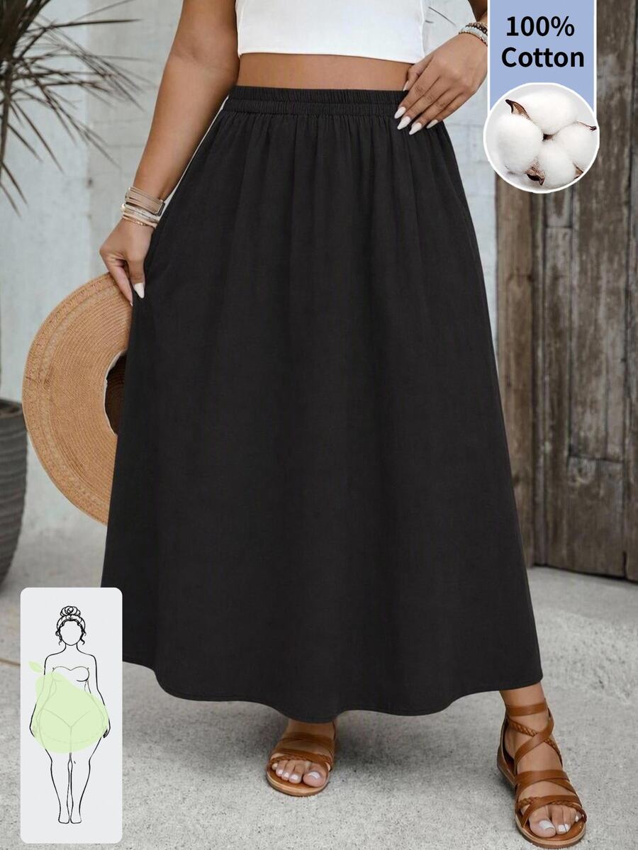 SHEIN VCAY Plus Size Women Solid Color Casual Boho Bohemian Baggy Versatile Daily Wear Skirt Office Vacation Formal Black Autumn - Black - View 1
