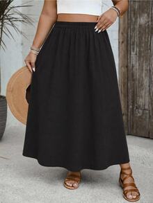 SHEIN VCAY Plus Size Women Solid Color Casual Boho Bohemian Baggy Versatile Daily Wear Skirt Office Vacation Formal Black Autumn - Black - View 4