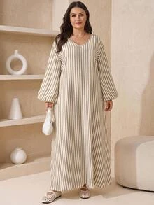 SHEIN LUNE 大尺碼女款燈籠袖寬鬆條紋波希米亞風西式傳統洋裝 正式婚禮賓客度假辦公穿搭 白色 秋冬款 - 卡其色 - 查看 3