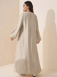 SHEIN LUNE 大尺碼女款燈籠袖寬鬆條紋波希米亞風西式傳統洋裝 正式婚禮賓客度假辦公穿搭 白色 秋冬款 - 卡其色 - 查看 4