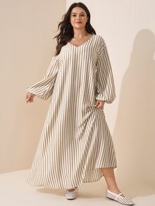 SHEIN LUNE 大尺碼女款燈籠袖寬鬆條紋波希米亞風西式傳統洋裝 正式婚禮賓客度假辦公穿搭 白色 秋冬款 - 卡其色 - 查看 2