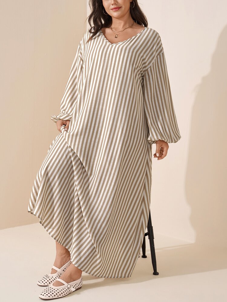 SHEIN LUNE فستان نسائي مقاس كبير بأكمام فانوس فضفاضة مخططة بوهيمي غربي تقليدي رسمي لضيوف الزفاف والعطلات والمكتب أبيض خريف - كاكي - مشاهدة 6