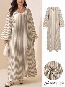 SHEIN LUNE 大尺碼女款燈籠袖寬鬆條紋波希米亞風西式傳統洋裝 正式婚禮賓客度假辦公穿搭 白色 秋冬款 - 卡其色 - 查看 8