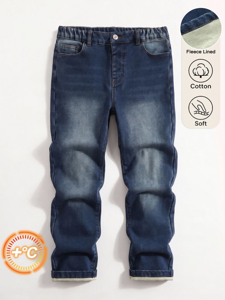 Boys Denim Jeans Autumn Winter New Arrival Thermal Lined Dark Blue Washed Tapered Fit Casual Band Composite Faux Suede Fabric Soft School Holiday - Dark Wash - View 9