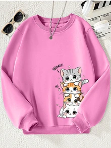 SHEIN Tween Girl Casual Cute Cartoon Cat Graphic Sweatshirt, Spring Autumn, School, Campus, College School Pink - Pink - View 2