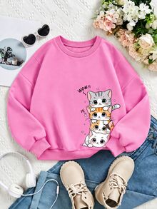 SHEIN Tween Girl Casual Cute Cartoon Cat Graphic Sweatshirt, Spring Autumn, School, Campus, College School Pink - Pink - View 4