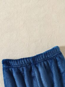 SHEIN Playful Pals 男嬰可愛卡通熊圖案抓絨圓領運動衫與長褲休閒可愛俏皮趣味日系風套裝，深藍色，適合秋季拍照 - 寶藍色 - 查看 4