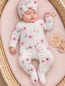 SHEIN Autumn/Winter Comfort Newborn Bow Print Cute Baby Romper + Hat 1 Month Milestones Work Nursery Black And White Polka Dot Babygirl - White - View 4
