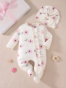 SHEIN Autumn/Winter Comfort Newborn Bow Print Cute Baby Romper + Hat 1 Month Milestones Work Nursery Black And White Polka Dot Babygirl - White - View 3