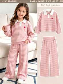 SHEIN Elladie kids 少女秋季風格粉色條紋 Polo 套裝，長袖上衣配愛心圖案與寬腿長褲，休閒風格 - 粉色 - 查看 1