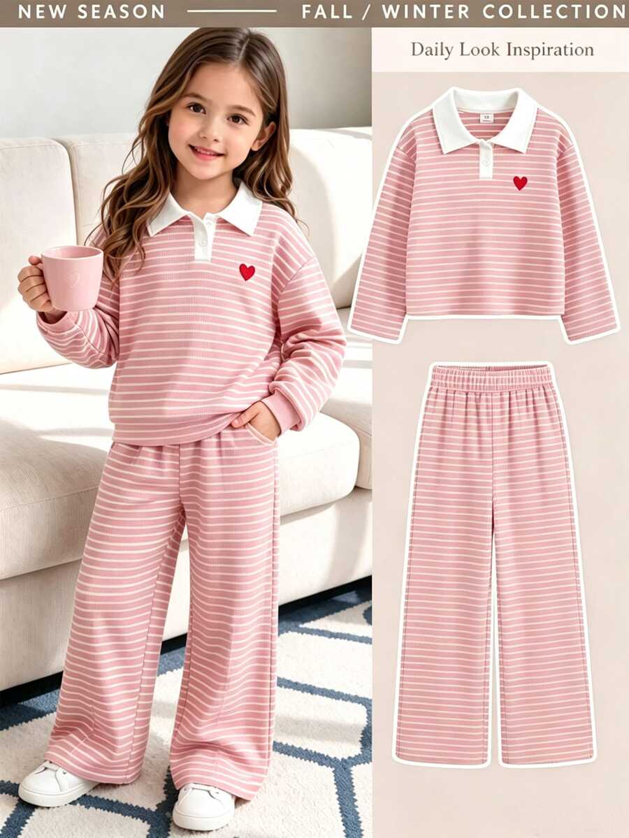 SHEIN Elladie kids 少女秋季風格粉色條紋 Polo 套裝,長袖上衣配愛心圖案與寬腿長褲,休閒風格 - 粉色 - 查看 1