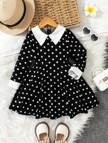 SHEIN Elladie kids Girls' Casual Black Contrast Collar Waist Knit Dress Autumn Fall - Black - View 1