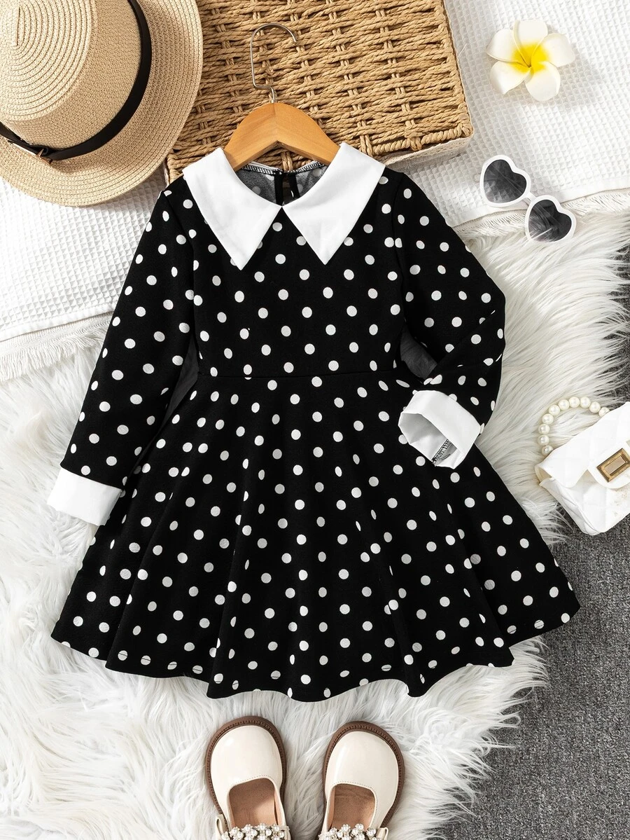 SHEIN Elladie kids Girls' Casual Black Contrast Collar Waist Knit Dress Autumn Fall - Black - View 1
