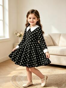 SHEIN Elladie kids Girls' Casual Black Contrast Collar Waist Knit Dress Autumn Fall - Black - View 6