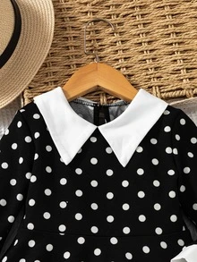 SHEIN Elladie kids Girls' Casual Black Contrast Collar Waist Knit Dress Autumn Fall - Black - View 3