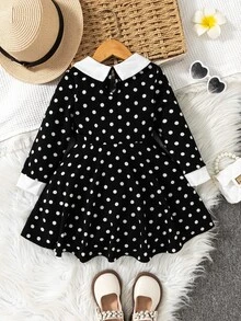 SHEIN Elladie kids Girls' Casual Black Contrast Collar Waist Knit Dress Autumn Fall - Black - View 2
