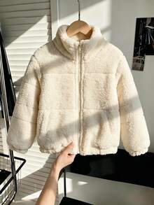 SHEIN Elladie kids 女童冬季甜美風米色立領燈芯絨加厚填充外套，燈芯絨加厚新款秋冬Y2K風格 - 杏色 - 查看 4
