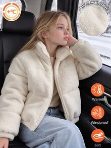 SHEIN Elladie kids 女童冬季甜美風米色立領燈芯絨加厚填充外套，燈芯絨加厚新款秋冬Y2K風格 - 杏色 - 查看 3