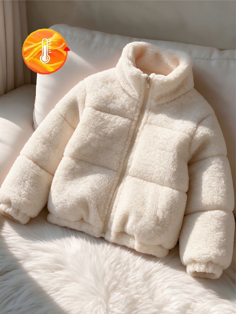 SHEIN Elladie kids 女童冬季甜美風米色立領燈芯絨加厚填充外套,燈芯絨加厚新款秋冬Y2K風格 - 杏色 - 查看 1