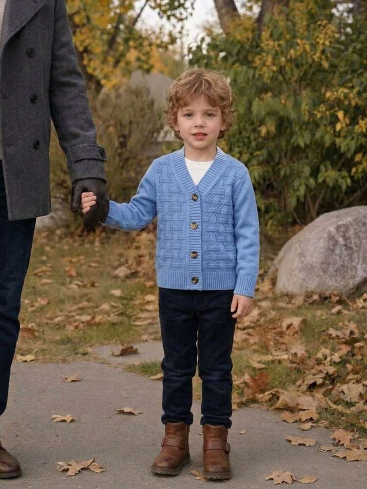 SHEIN Vintaside Kids Young Boy Autumn/Winter Casual Solid Color Textured Cardigan - Blue - View 10