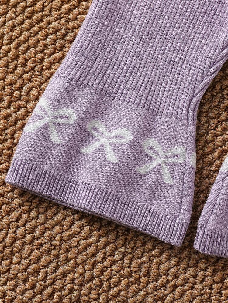 SHEIN Baby Girls' Sweater Set, Cartoon Rabbit Bow Cardigan Knit Top & Knit Flare Autumn Winter - Mauve Purple - View 8