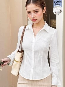 SHEIN 青少年女孩秋季風格白色棉質細條紋襯衫，修身鈕扣前襟領口襯衫，喇叭袖口，適合學校、辦公室、休閒穿著 - 白色 - 查看 2