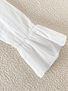 SHEIN 青少年女孩秋季風格白色棉質細條紋襯衫，修身鈕扣前襟領口襯衫，喇叭袖口，適合學校、辦公室、休閒穿著 - 白色 - 查看 7